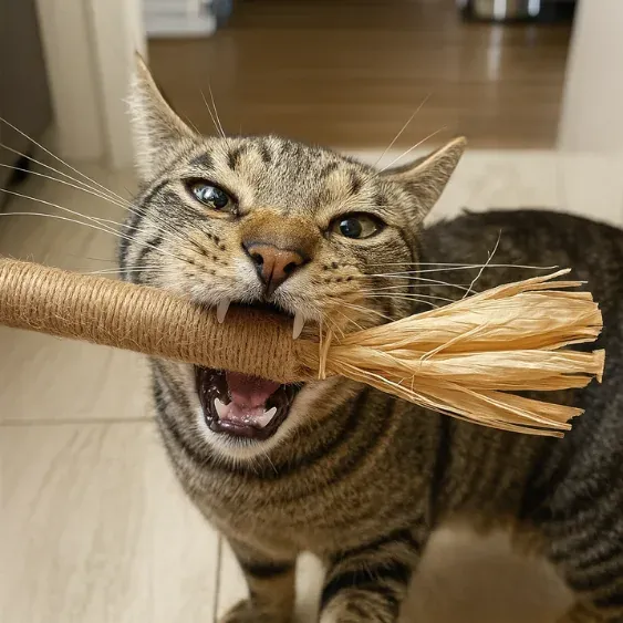 Gato jugando intensamente con el stick